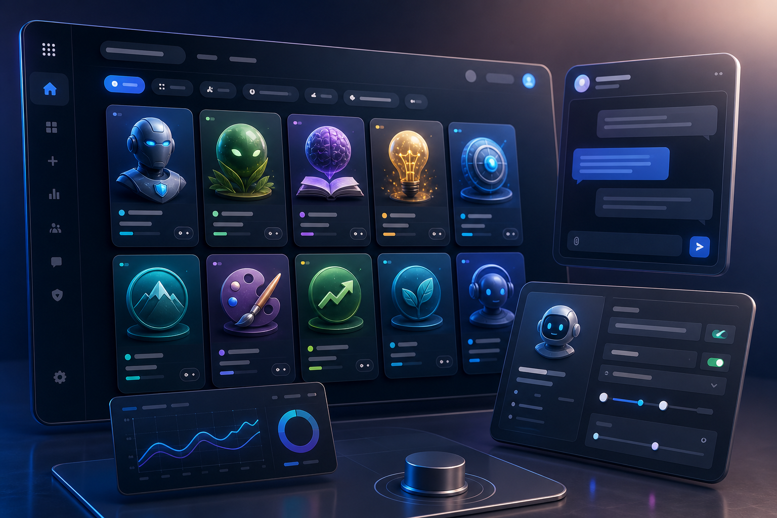 A dark SaaS interface showing persona cards, chat, builder controls, and analytics panels.